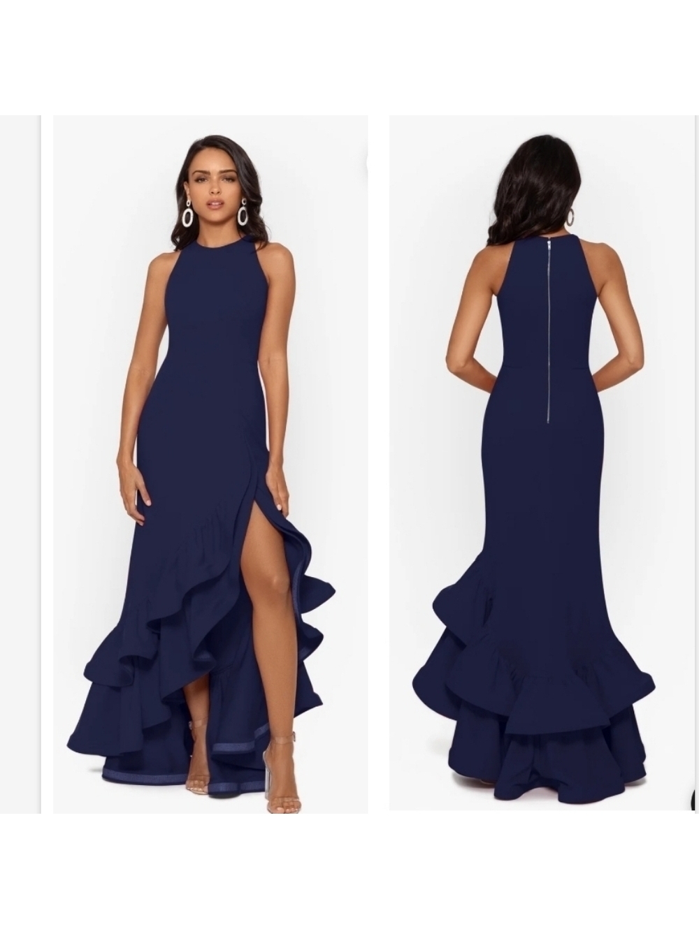Betsy & Adam "Arielle" Scuba Crepe Ruffle Slit Gown Mindnight Blue SZ 2P NWT